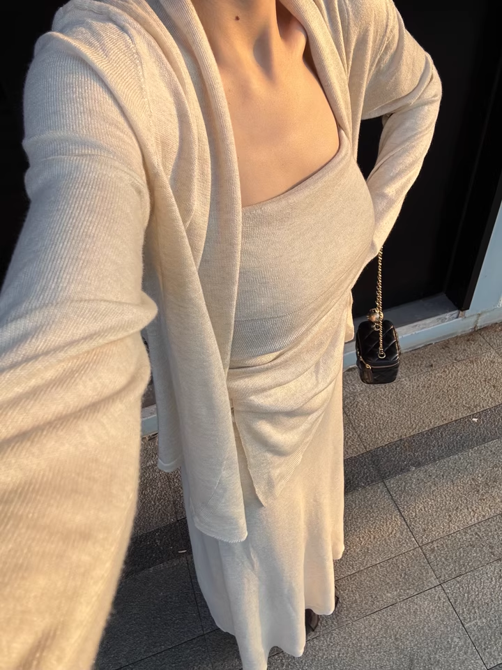 Gentle Style Asymmetric Cami Long Sleeve Cardigan Three-Piece Set with High Waist Mermaid Skirt - Image 2