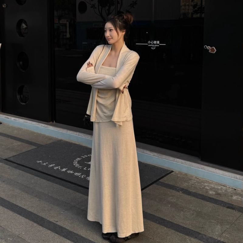 Gentle Style Asymmetric Cami Long Sleeve Cardigan Three-Piece Set with High Waist Mermaid Skirt - Image 5