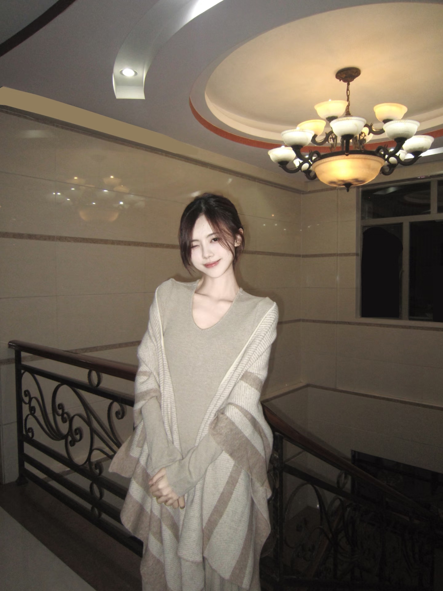 Women's Oatmeal Knit Cape and V-Neck Dress Two-Piece Set 2026 Spring