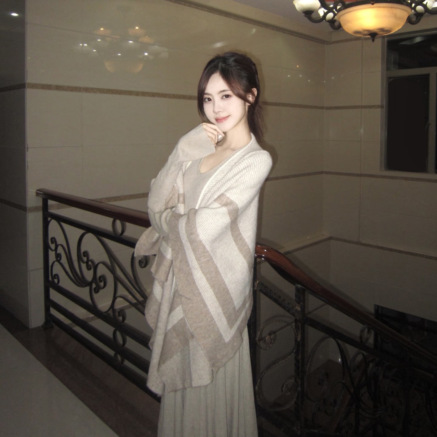 Women's Oatmeal Knit Cape and V-Neck Dress Two-Piece Set 2026 Spring - Image 5