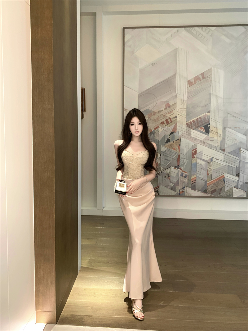 French Style Elegant Sequin Beaded Cami Dress Women Autumn Slim Fit Bodycon Evening Gown - Image 2