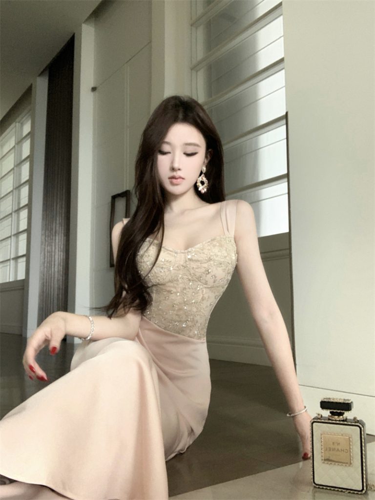 French Style Elegant Sequin Beaded Cami Dress Women Autumn Slim Fit Bodycon Evening Gown
