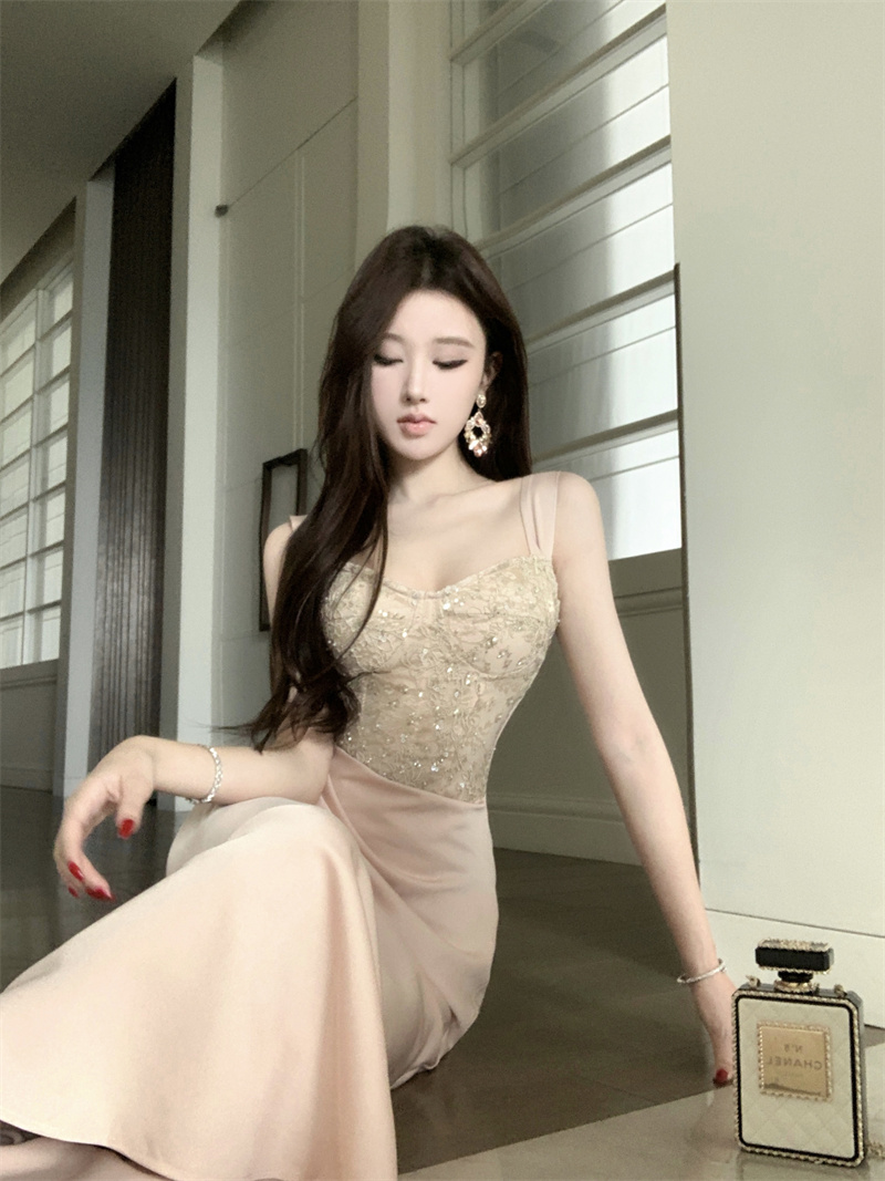 French Style Elegant Sequin Beaded Cami Dress Women Autumn Slim Fit Bodycon Evening Gown