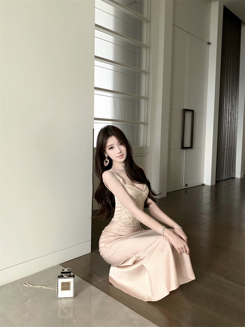 French Style Elegant Sequin Beaded Cami Dress Women Autumn Slim Fit Bodycon Evening Gown - Image 3