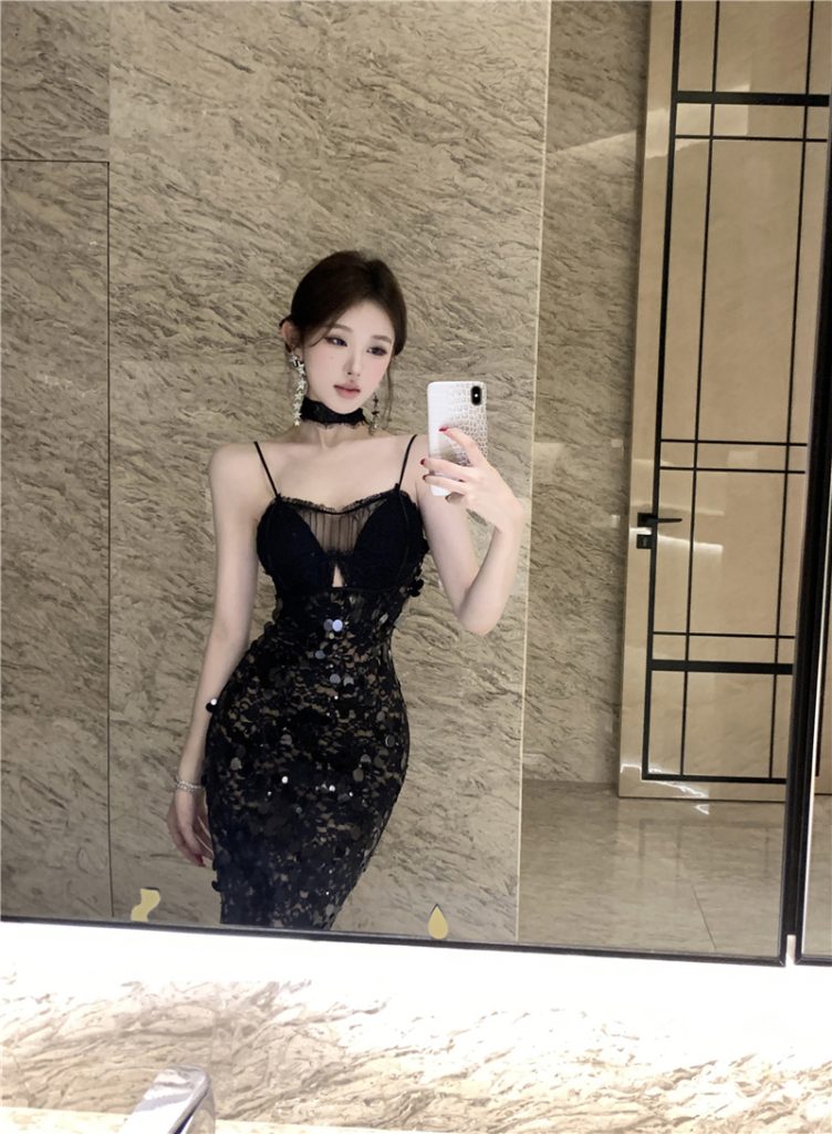 Lace Cami Bodycon Long Dress with Sequins and Black Slit
