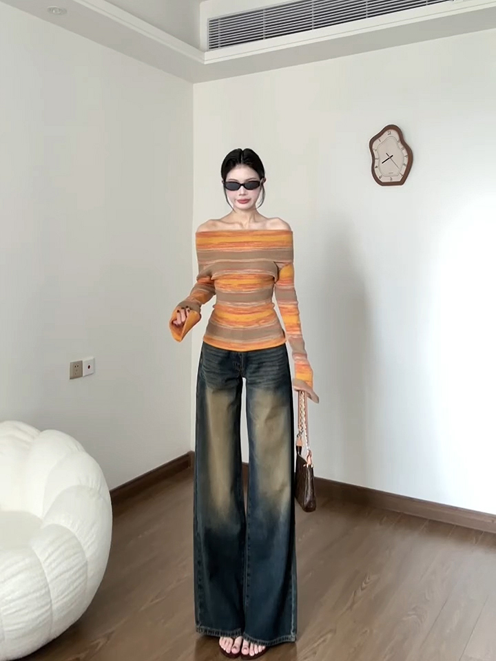Gradient Yellow One-Shoulder Striped Knit Sweater for Women Slim Fit Fall - Image 4