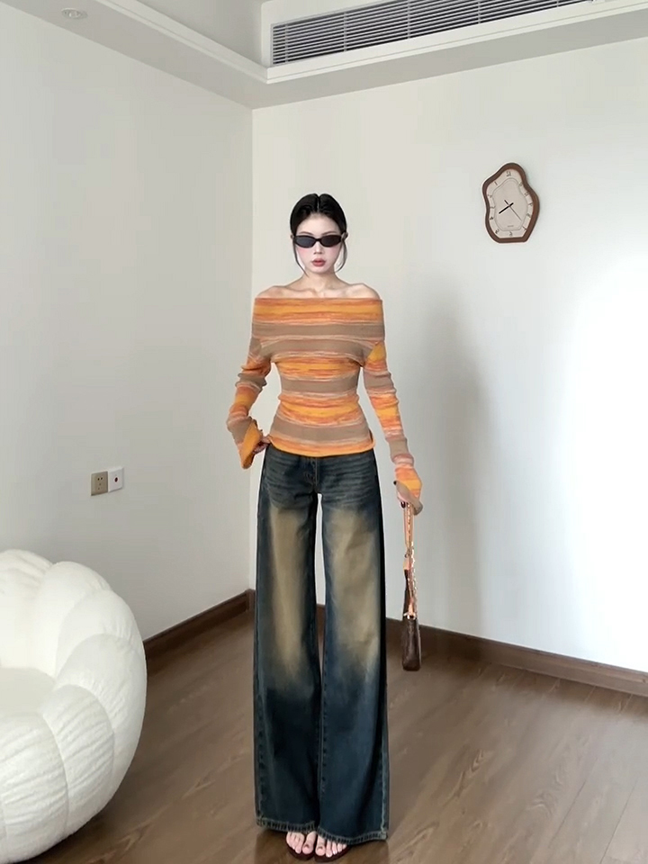Gradient Yellow One-Shoulder Striped Knit Sweater for Women Slim Fit Fall - Image 3