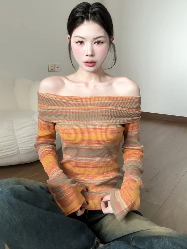 Gradient Yellow One-Shoulder Striped Knit Sweater for Women Slim Fit Fall - Image 2