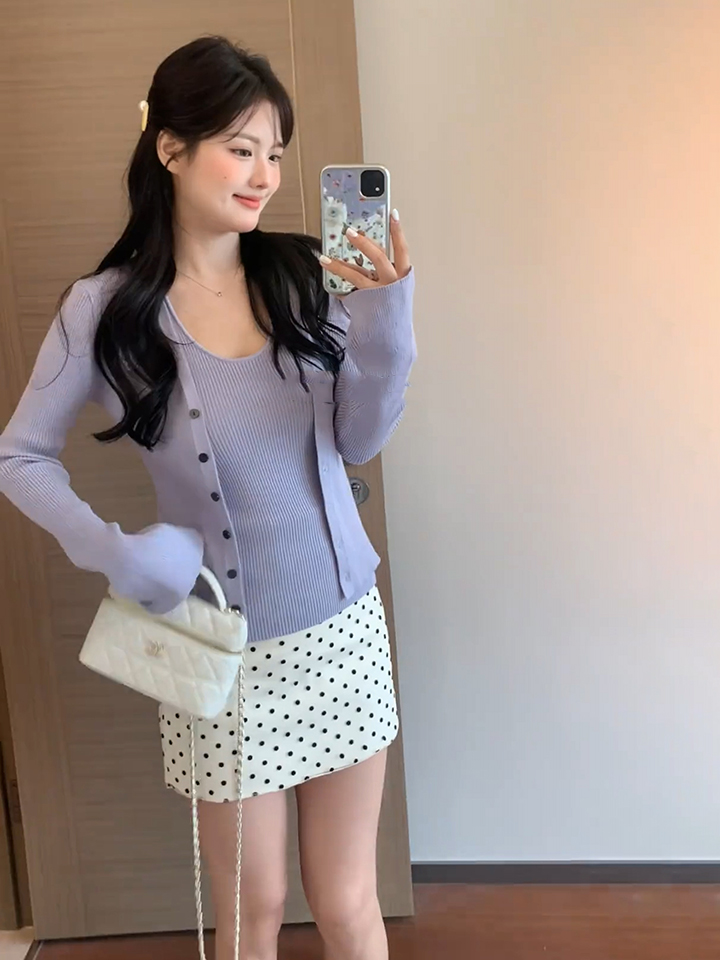 Women's Purple Two-Piece Knit Cardigan Set with Long Sleeve and Halter Vest
