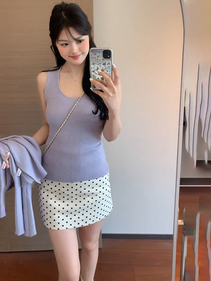 Women's Purple Two-Piece Knit Cardigan Set with Long Sleeve and Halter Vest - Image 3