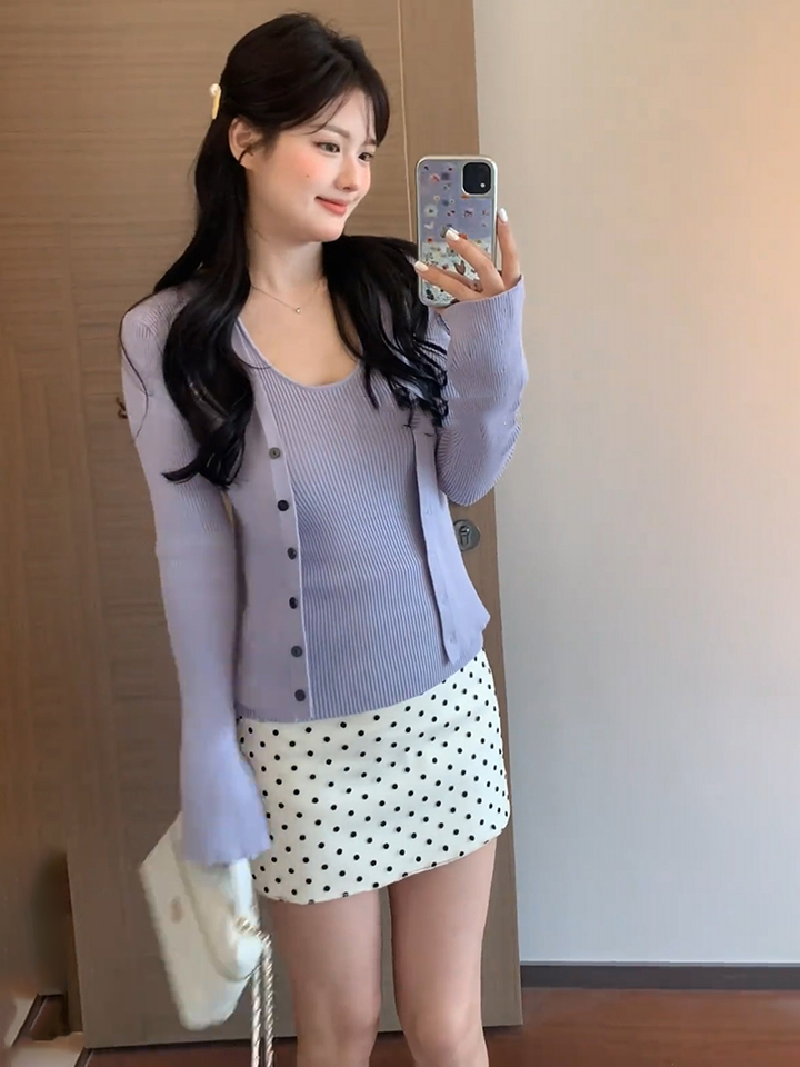 Women's Purple Two-Piece Knit Cardigan Set with Long Sleeve and Halter Vest - Image 4