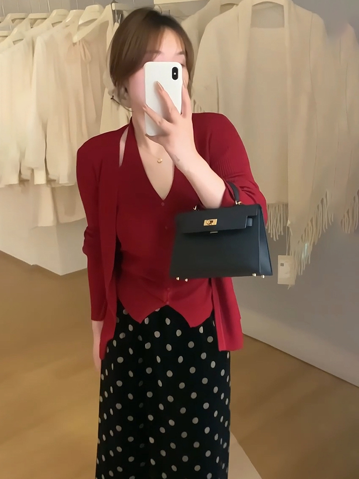 Women's Knit Cami Cardigan Two-Piece Set High Quality Red Top
