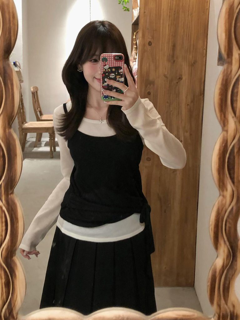 Women's Two-Piece Knit Set Black and White Long Sleeve Slimming Tie Detail Early Autumn Base Layer - Style 5fbae9