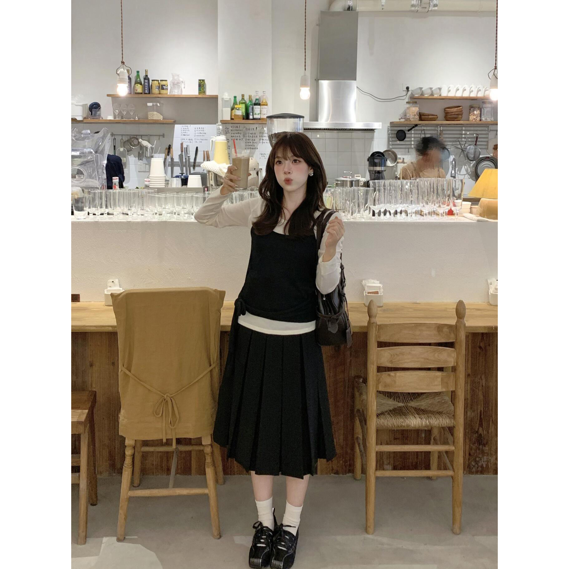 Women's Two-Piece Knit Set Black and White Long Sleeve Slimming Tie Detail Early Autumn Base Layer - Style 5fbae9 - Image 5