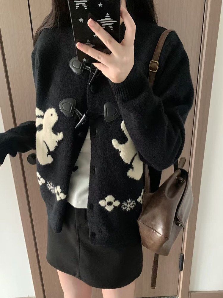 Cute Rabbit Embroidered Cardigan Sweater for Women Korean Retro Horn Button Loose Fit