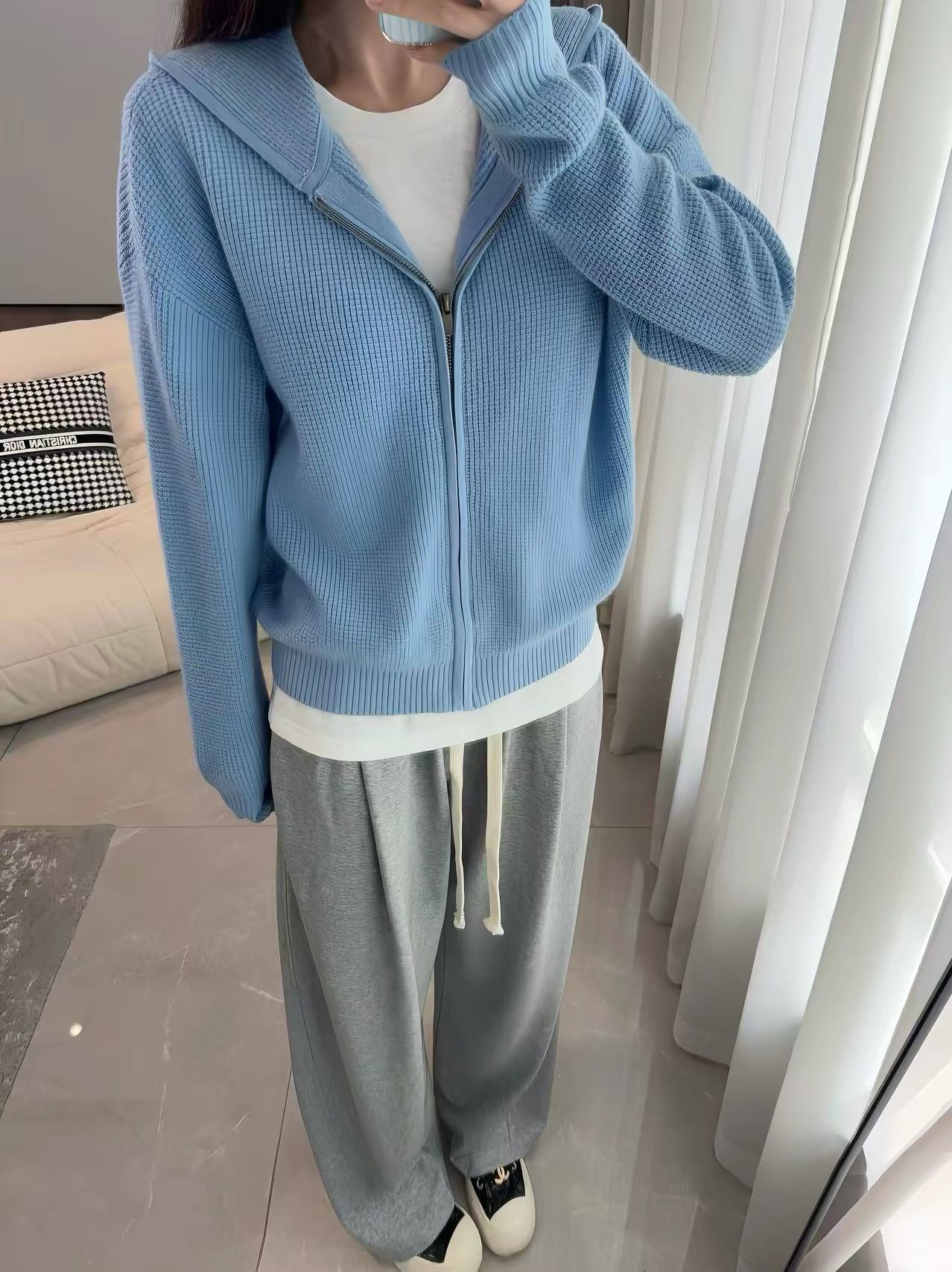Women's Waffle Knit Hooded Cardigan Sweater - Image 2
