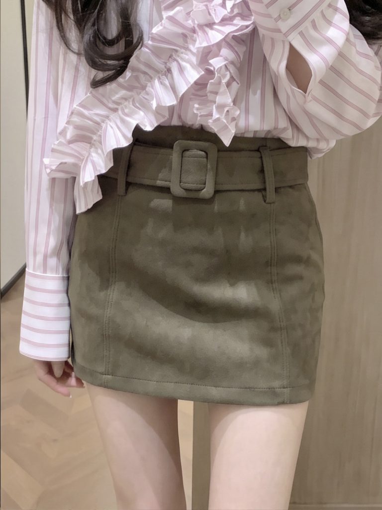 2026 Autumn Winter Faux Suede Solid A-Line Mini Skirt for Women with Belt