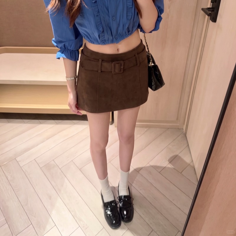 2026 Autumn Winter Faux Suede Solid A-Line Mini Skirt for Women with Belt - Image 5