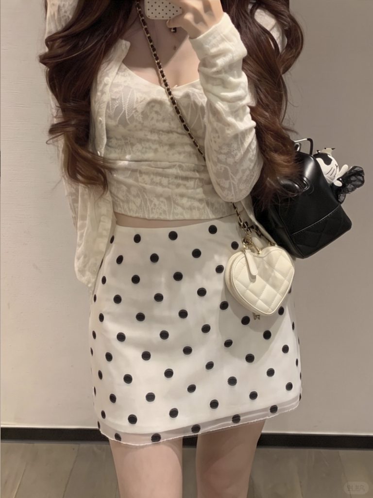 2026 Autumn Retro Polka Dot Mesh Spliced Blazer Fabric High Waist A-Line Short Skirt for Women
