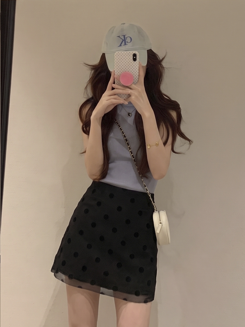 2026 Autumn Retro Polka Dot Mesh Spliced Blazer Fabric High Waist A-Line Short Skirt for Women - Image 4