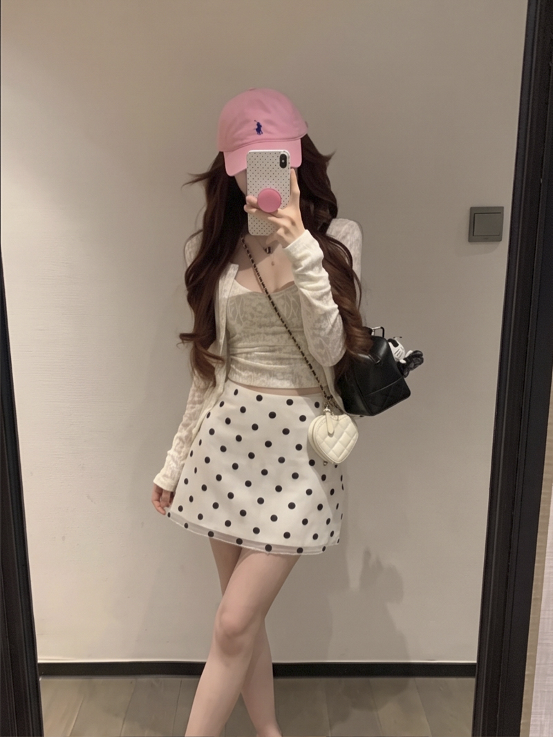 2026 Autumn Retro Polka Dot Mesh Spliced Blazer Fabric High Waist A-Line Short Skirt for Women - Image 2