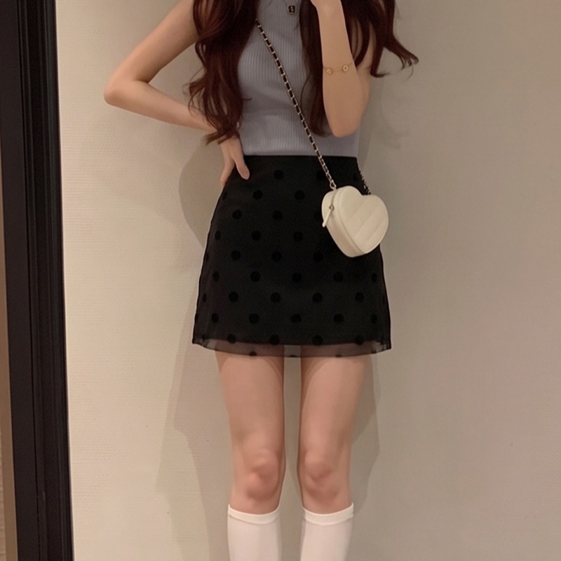 2026 Autumn Retro Polka Dot Mesh Spliced Blazer Fabric High Waist A-Line Short Skirt for Women - Image 5