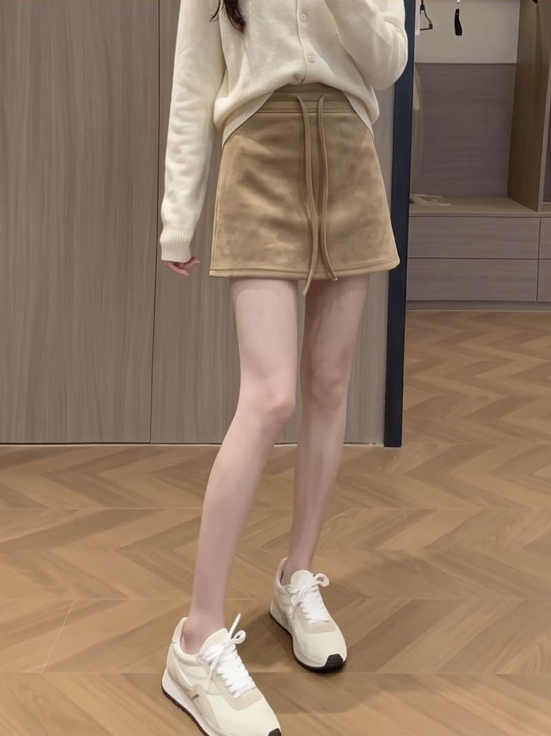 2026 Autumn Winter Korean Minimalist Solid Suede A-Line Mini Skirt with Drawstring and Anti-Exposure