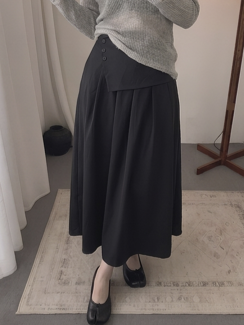 2026 Early Autumn Korean Style High Waist A-Line Midi Skirt with Button Trim and Flared Hem - Style bd02a4 - Image 4